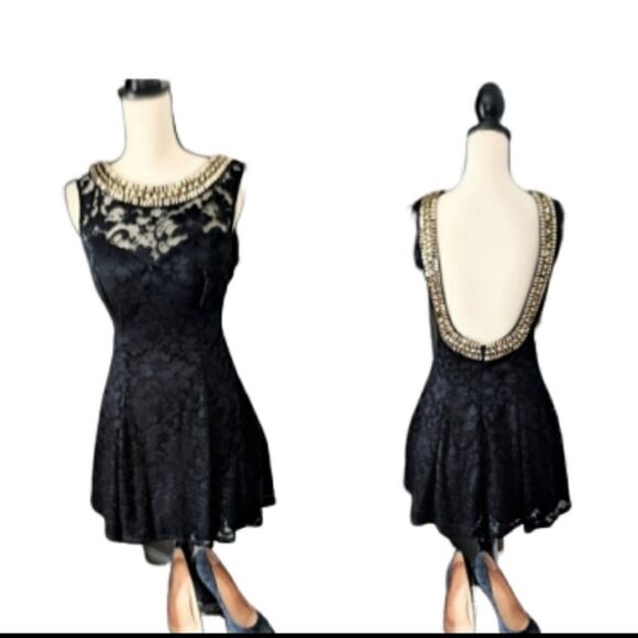 B. Darlin Black Lace Jewelled Backless Mini Dress - Picture 2 of 8